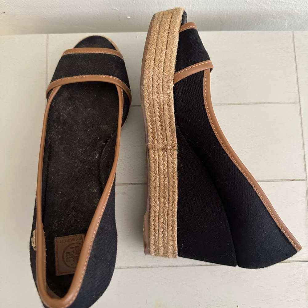 Tory Burch Black and Tan Wedge Espadrilles